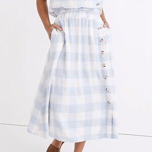 Madewell Linen-Blend Side-Button Midi Skirt in Gingham